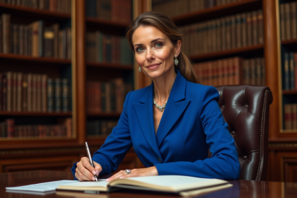 Femme élégante en costume bleu dans une bibliothèque royale