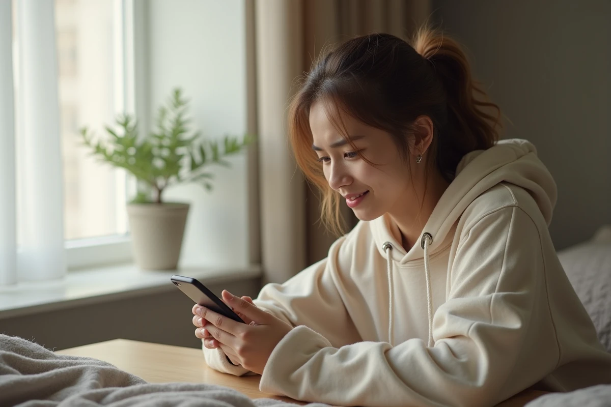 Jeune femme émue qui lit un message touchant de réconciliation envoyé par sa meilleure amie