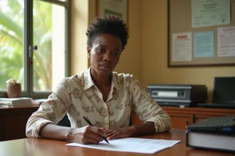 Femme martiniquaise remplissant un formulaire d'état civil dans un bureau administratif