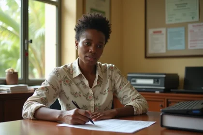 Femme martiniquaise remplissant un formulaire d'état civil dans un bureau administratif