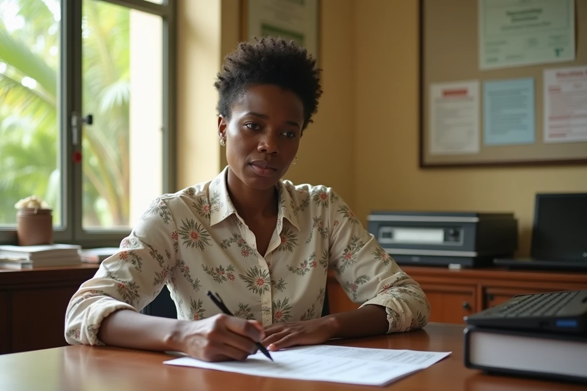 Femme martiniquaise remplissant un formulaire d'état civil dans un bureau administratif