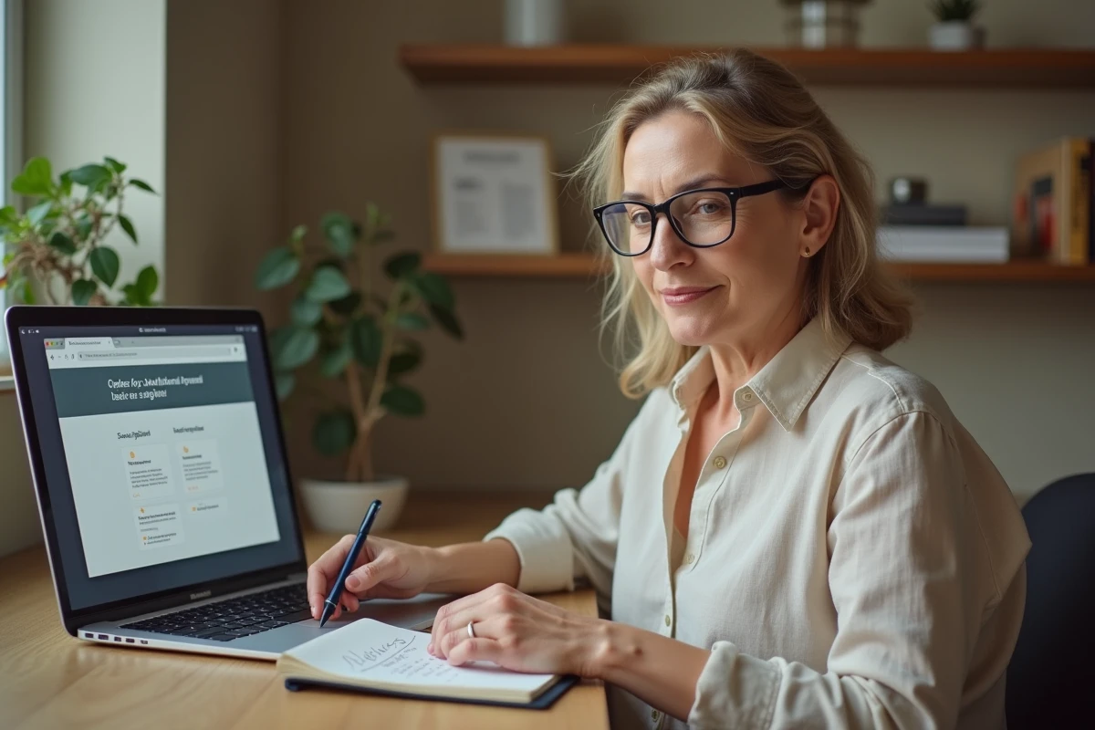 Une femme d'âge mûr prend des notes manuscrites pour apprendre à partager son compte de liste de souhaits en ligne depuis son bureau à domicile