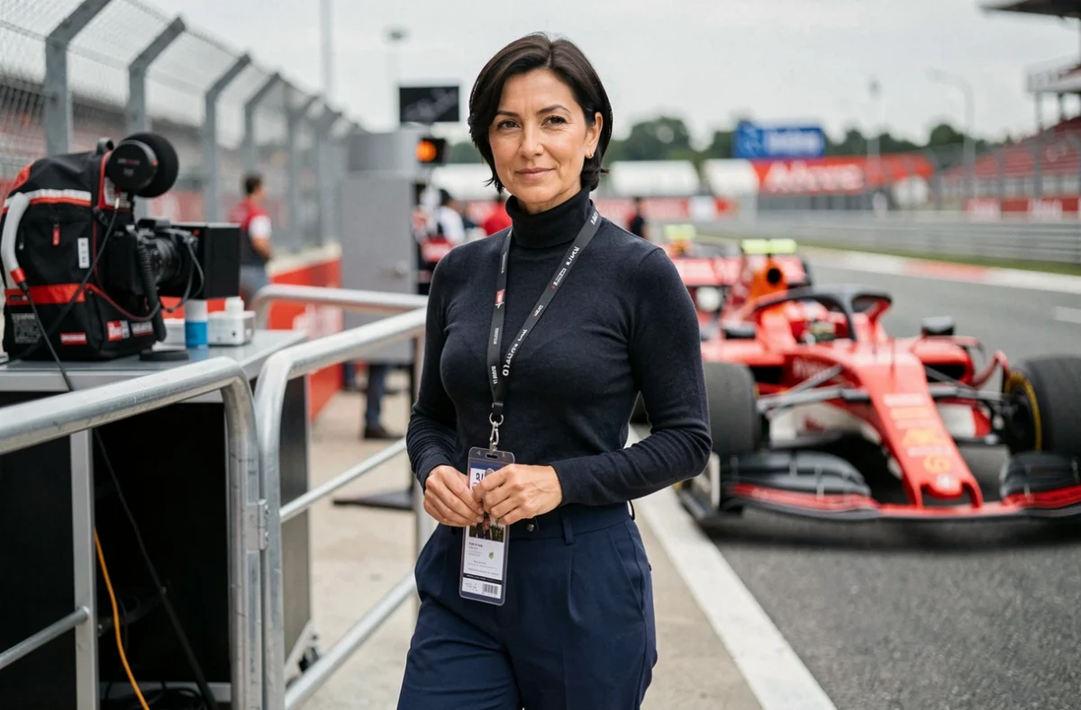 Femme professionnelle dans un paddock de course automobile, évoquant l'univers médiatique et sportif lié aux rumeurs et à la vie publique