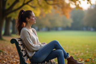 Femme assise sur un banc dans un parc automnal