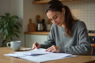 Femme préparant ses justificatifs CAF sur une table de cuisine pour une demande d'aide sociale 2026