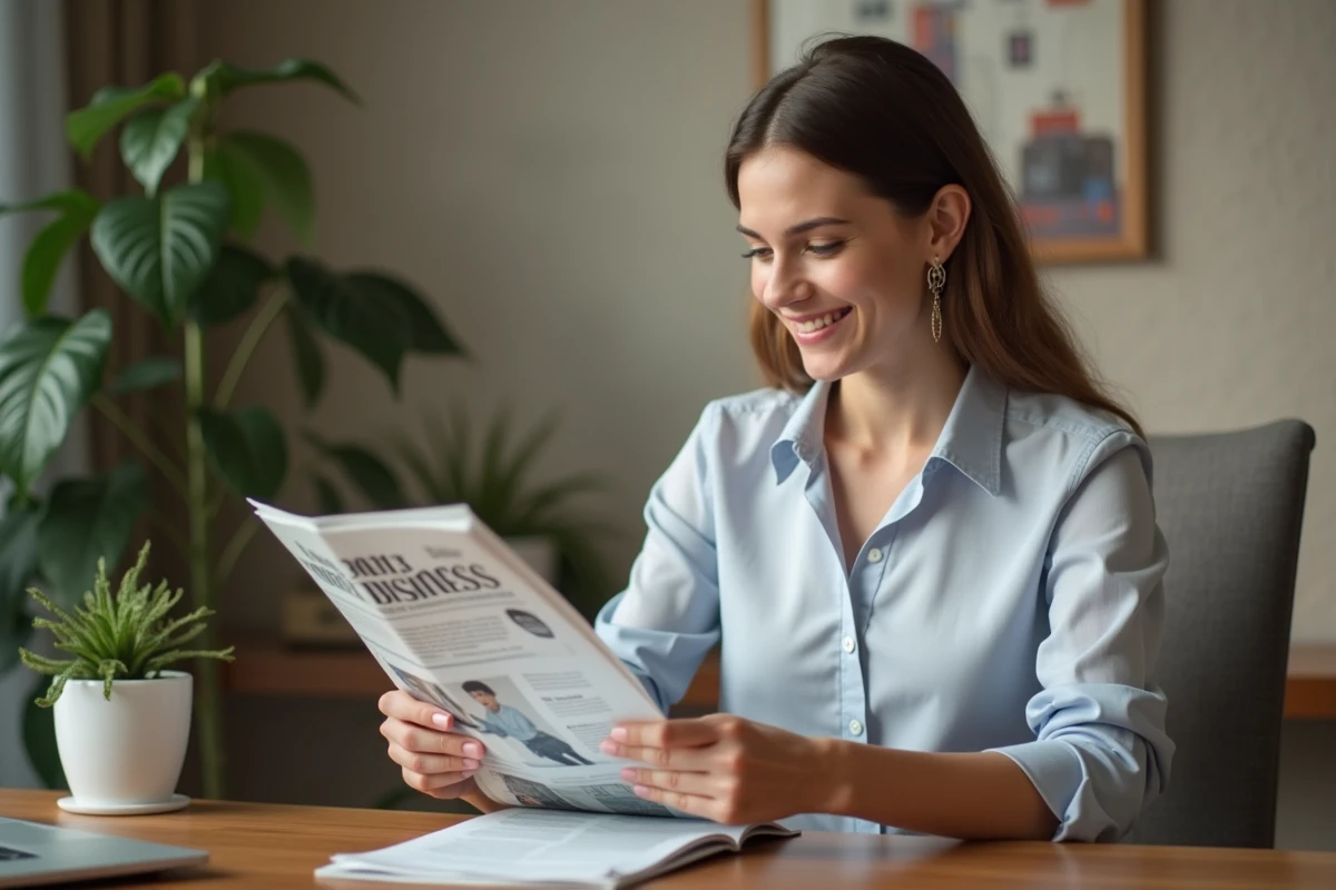 Jeune femme professionnelle lit un magazine dans son bureau