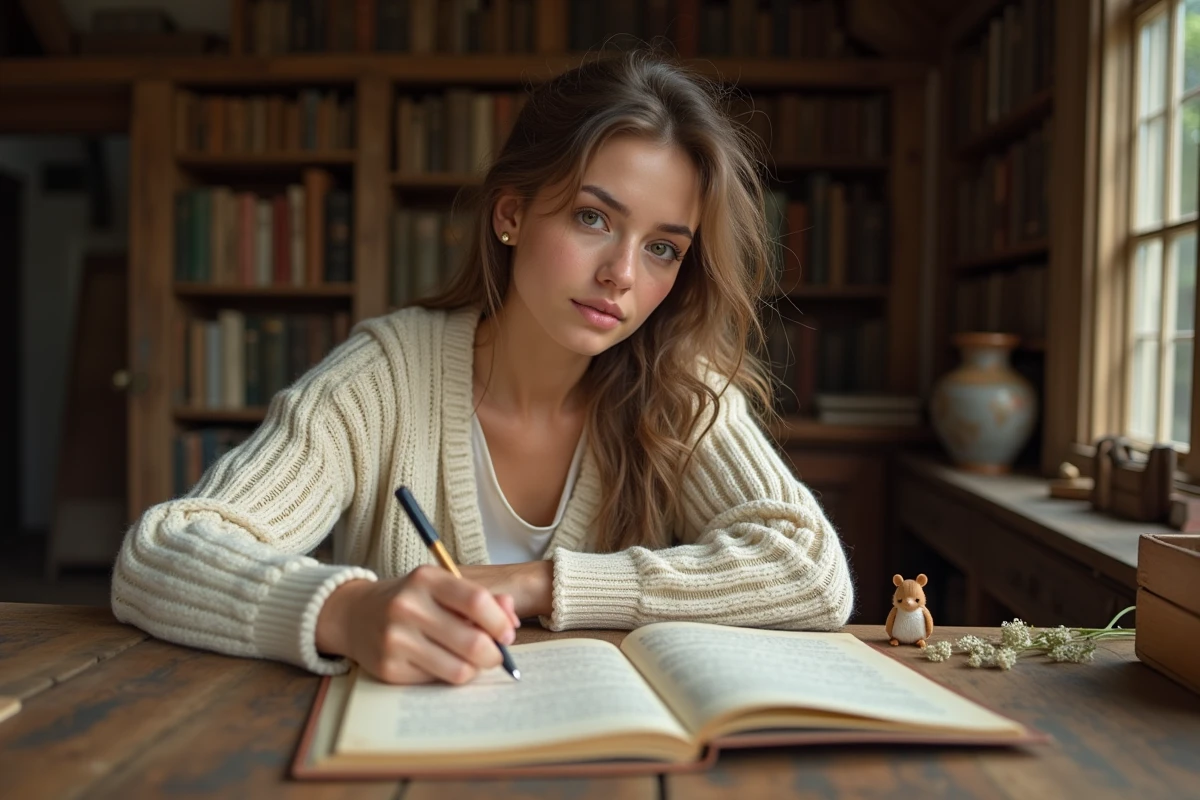 Femme écrivant une lettre inspirée des contes pour la petite souris à un bureau antique en bois
