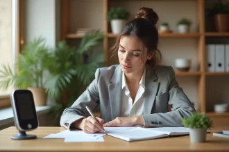 Jeune femme rédigeant une lettre de demande de temps partiel à 80% après un congé maternité dans un bureau à domicile