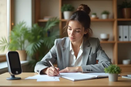 Jeune femme rédigeant une lettre de demande de temps partiel à 80% après un congé maternité dans un bureau à domicile