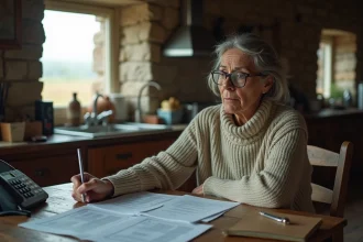 Femme en zone rurale consultant des documents administratifs à sa table de cuisine dans une ferme isolée