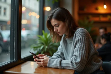 Femme seule dans un café regardant son téléphone avec une expression mélancolique, illustrant l'attente émotionnelle dans une relation difficile