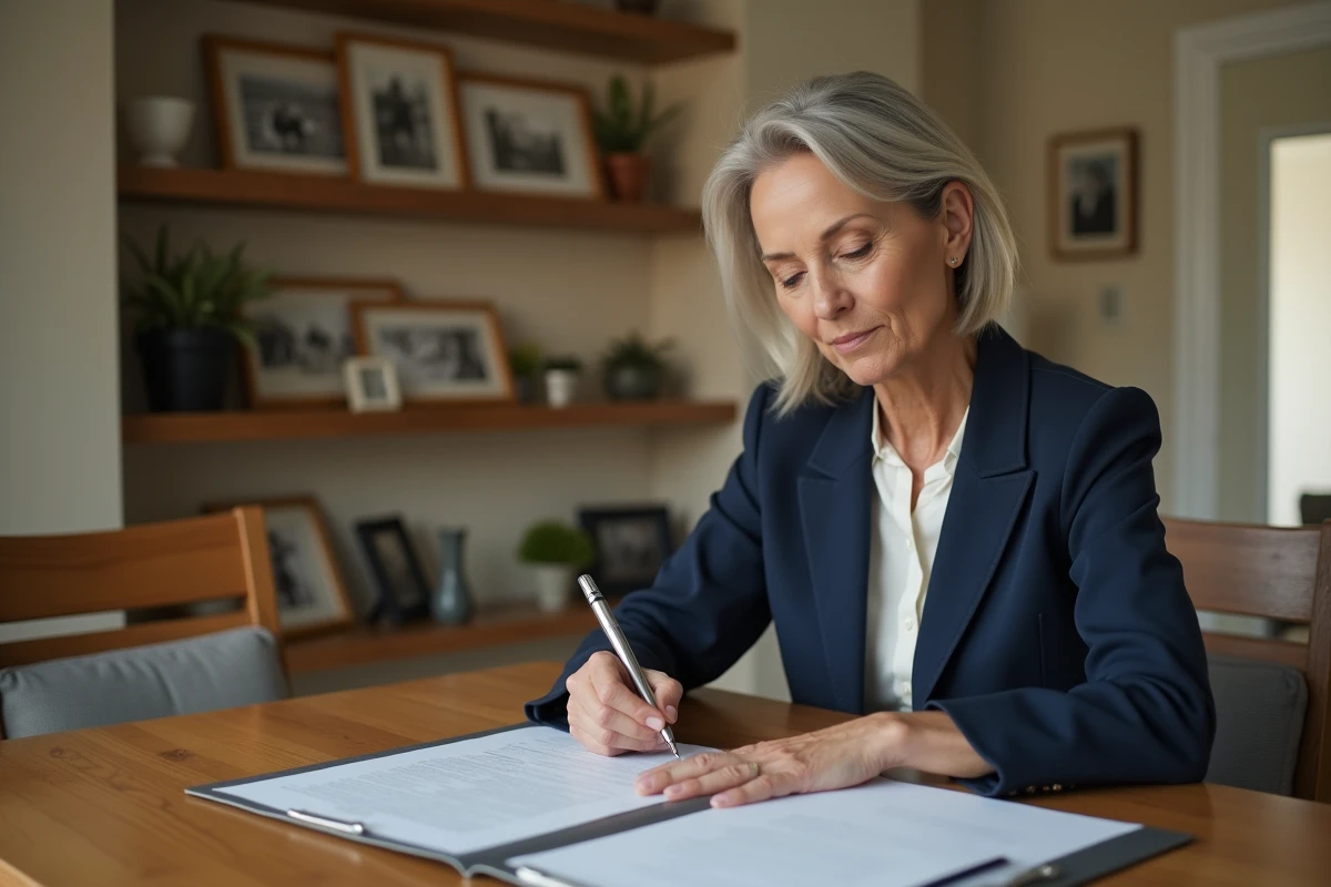 Femme d'âge moyen signant un document officiel à la maison