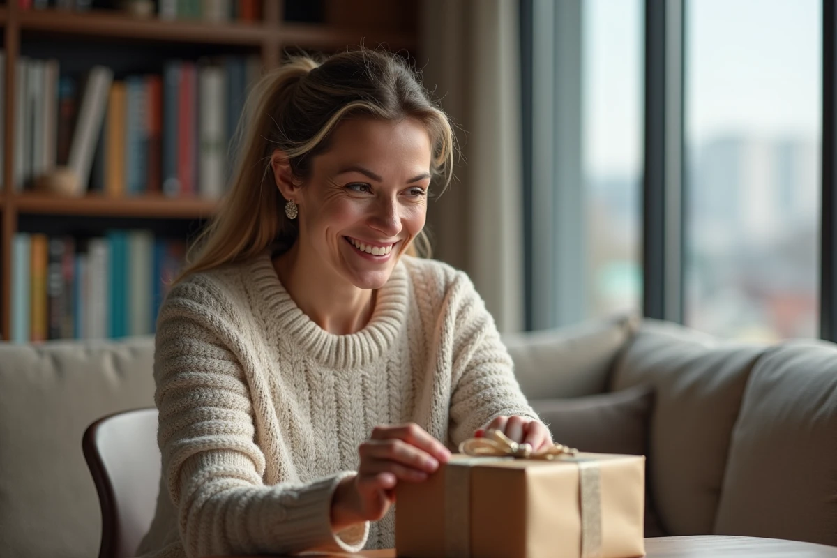 Femme souriante découvrant un cadeau original dans un salon cosy