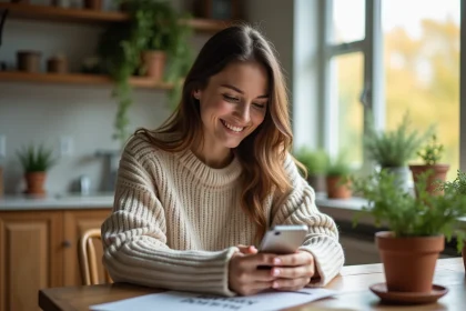 Jeune femme souriante utilisant son smartphone dans la cuisine