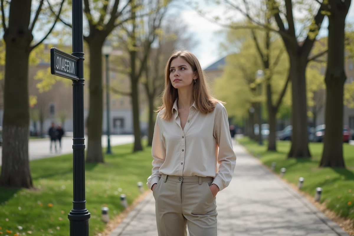 Femme Sacha regardant un panneau dans un parc urbain