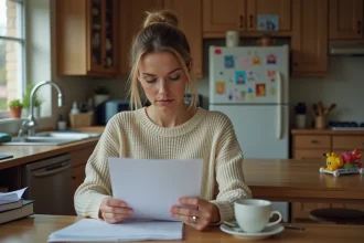 Femme réfléchissant en cuisine avec documents et ordinateur
