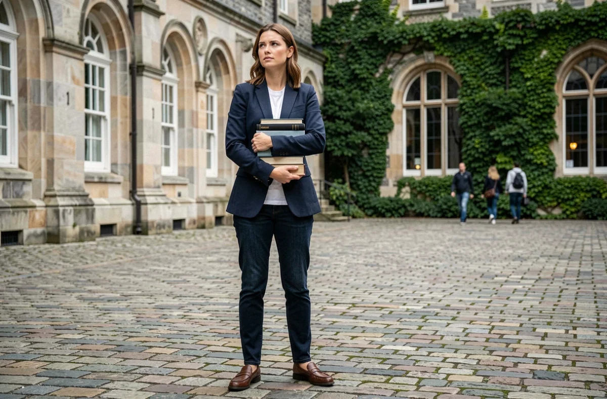 Femme déterminée en tenue professionnelle devant une université en pierre, symbolisant l'équilibre entre études, célébrité et pression publique