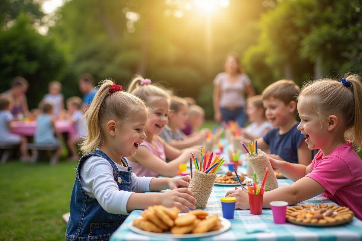 Enfants et adultes jouant à des jeux en plein air dans un jardin