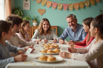 Groupe de famille souriante autour d'une table d'anniversaire