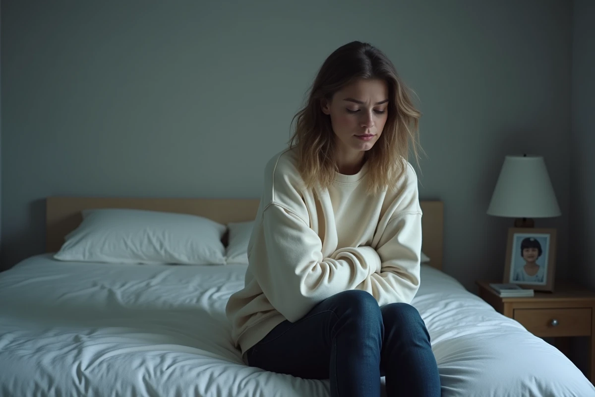 Jeune femme adulte assise seule sur un lit, regard introspectif, portant le poids d'une relation conflictuelle avec sa mère