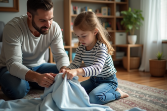 Fille aidant son père à plier le linge dans un salon chaleureux