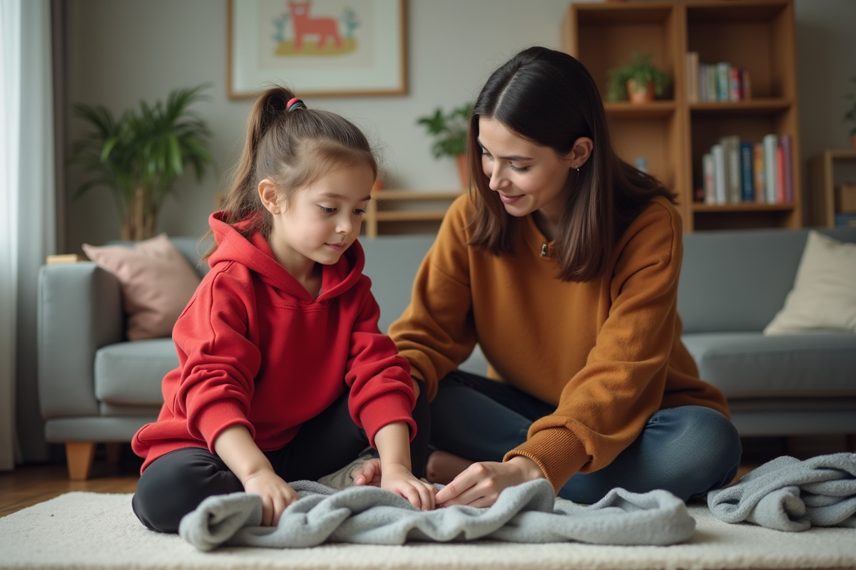 Fille aidant à plier le linge dans le salon