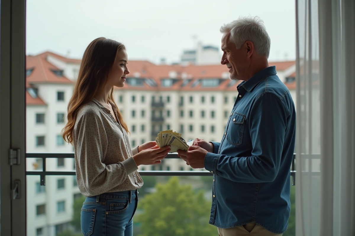 Fille adolescente recevant des billets d euros de son père sur le balcon