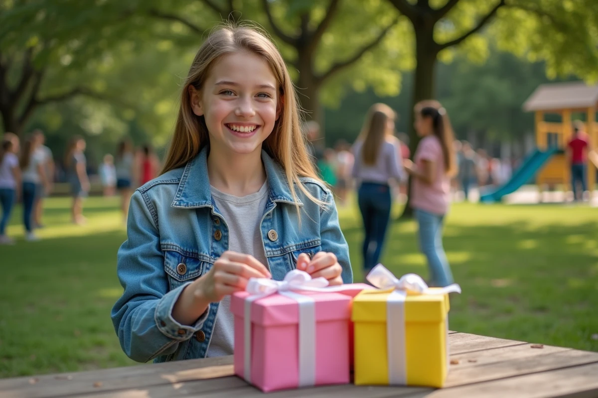 Jeune fille en jean préparant des cadeaux dans un parc
