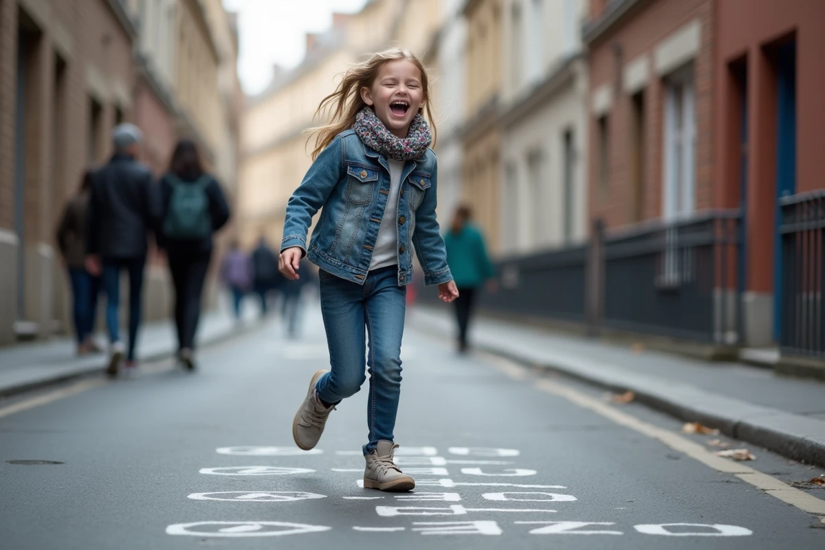 Fille de 11 ans jouant au marelle dans la rue parisienne