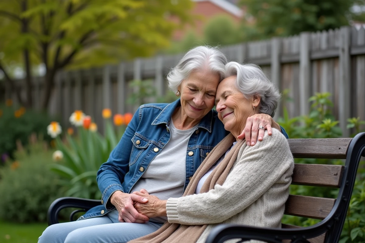 Fille et m&egrave;re dans un jardin paisible et verdoyant