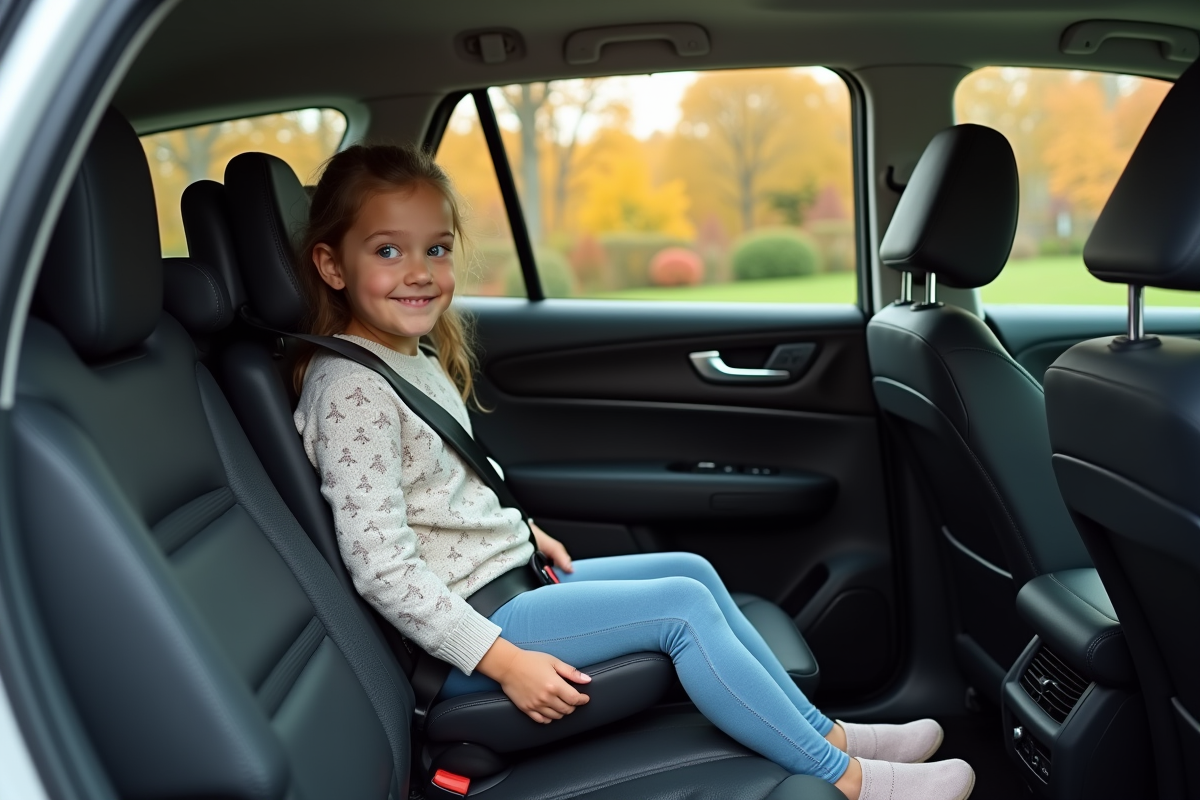 Fille en booster dans un SUV garé dans une allée