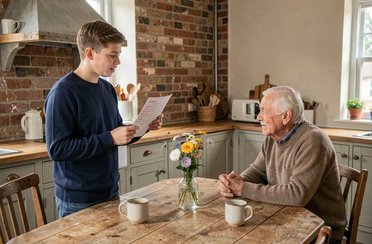Un fils adulte prononce un discours émouvant pour son père lors d'un repas de fête des pères