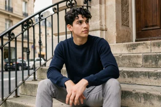 Jeune homme discret d'une vingtaine d'années assis sur des marches en pierre à Paris, dans une tenue décontractée, regard pensif et expression naturelle