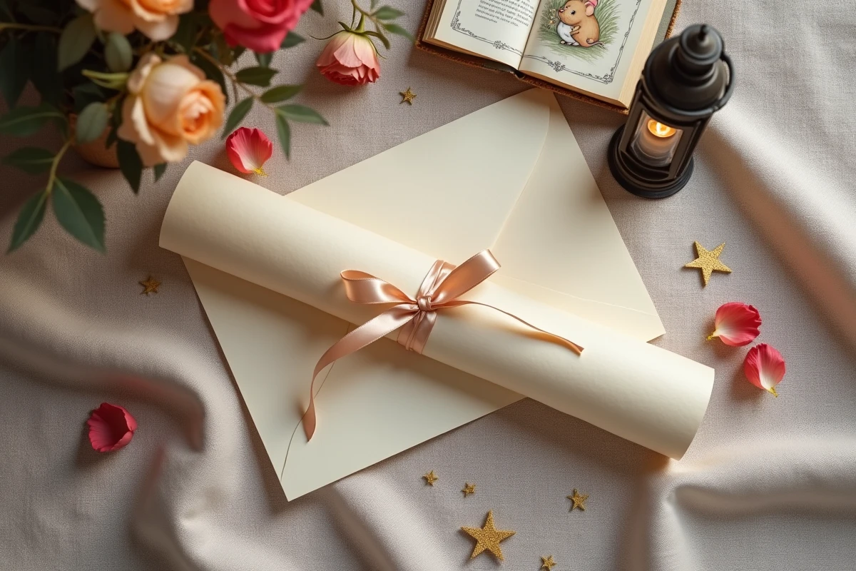Flat lay d'une lettre enroulée pour la petite souris entourée d'accessoires de conte de fées sur lin rustique