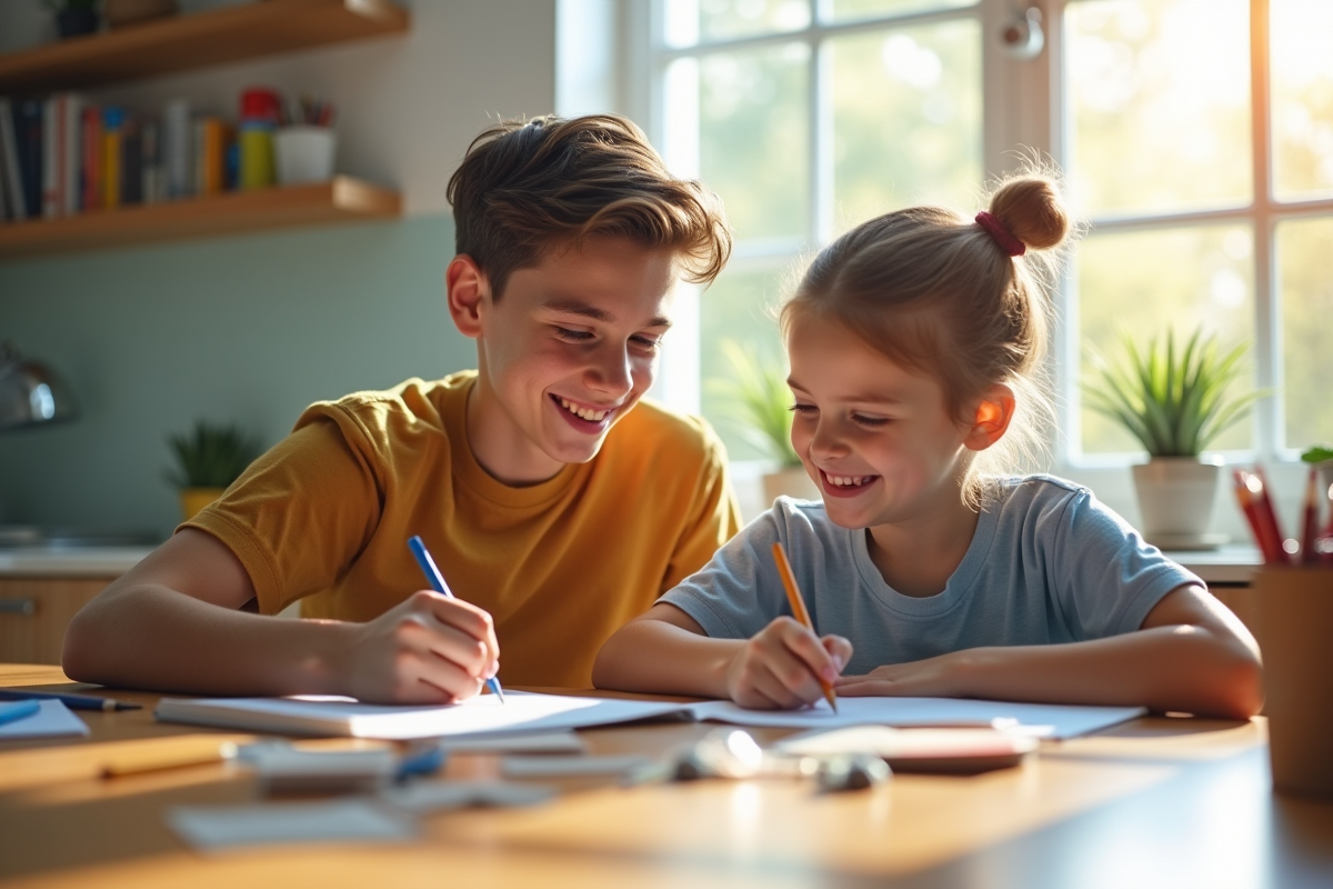 Un adolescent aidant son frère avec ses devoirs à la maison