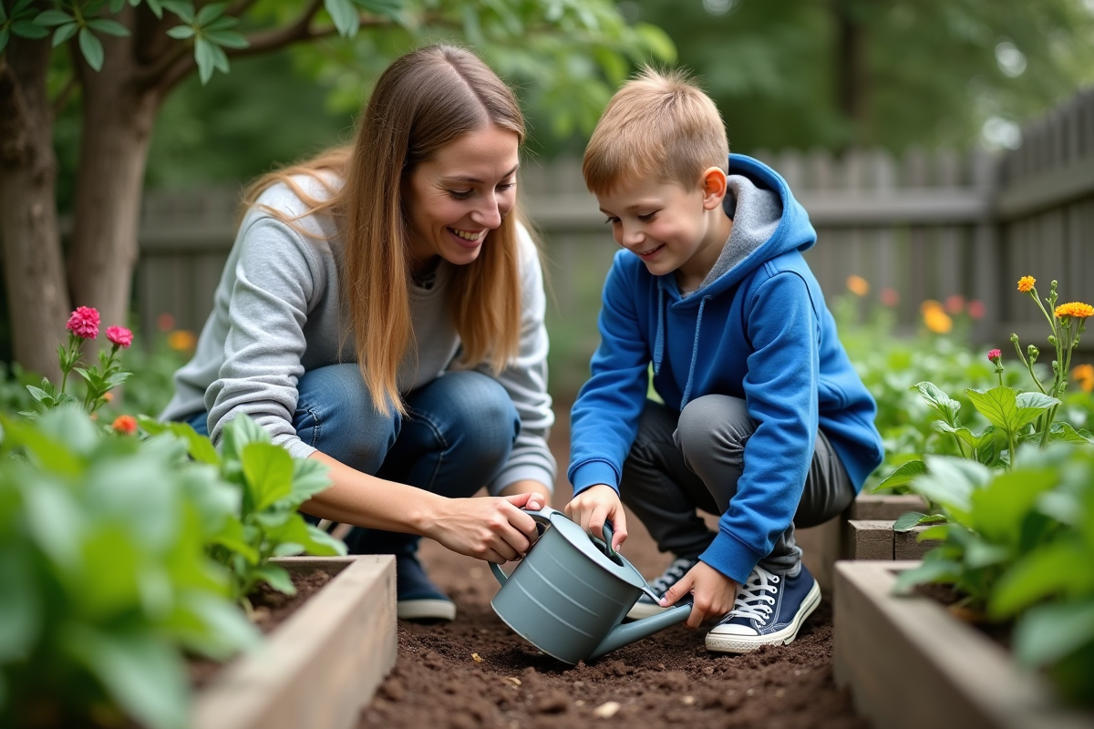 Garçon arrosant les plantes avec sa mère dans le jardin