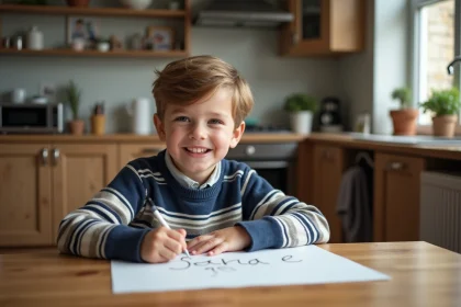 Jeune gar&ccedil;on Sacha dessinant son nom &agrave; la maison