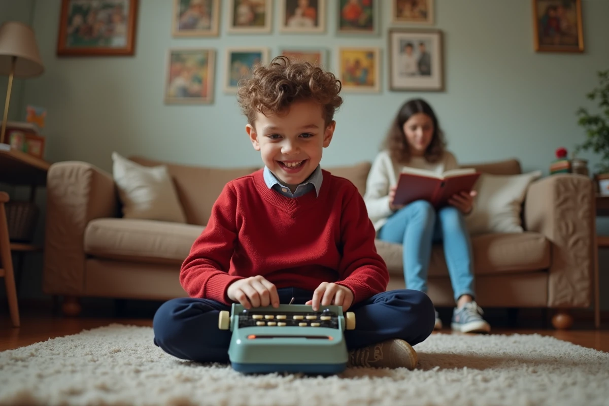 Garçon de 10 ans avec machine à écrire dans le salon