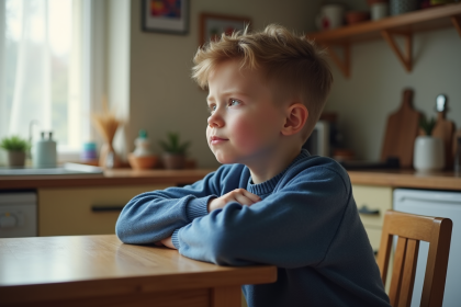 Garçon pensif assis à la cuisine lumineuse
