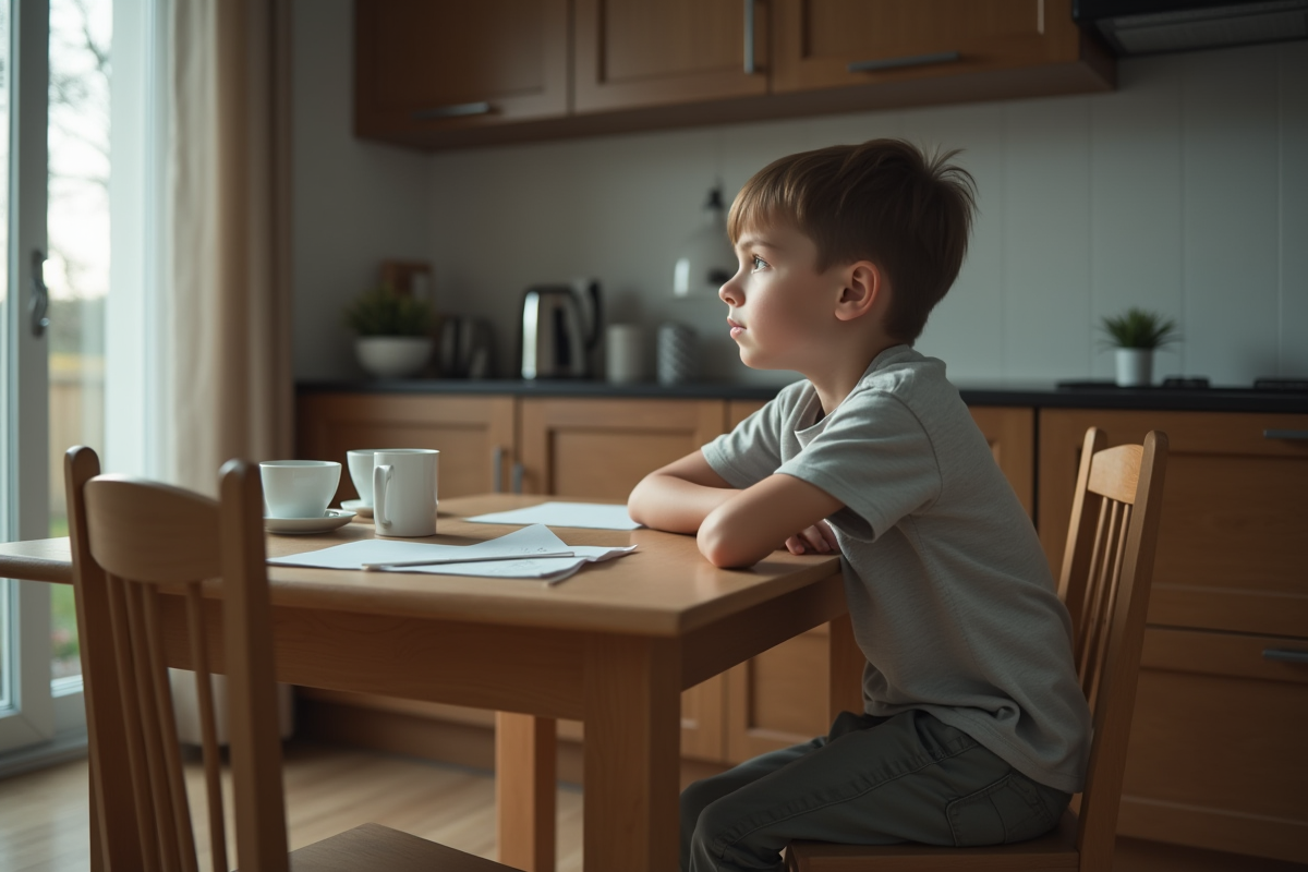Garcon assis seul à la table de cuisine