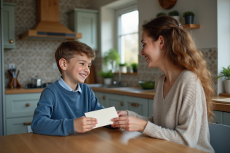 Garçon souriant recevant une enveloppe de sa mère dans la cuisine