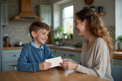 Garçon souriant recevant une enveloppe de sa mère dans la cuisine