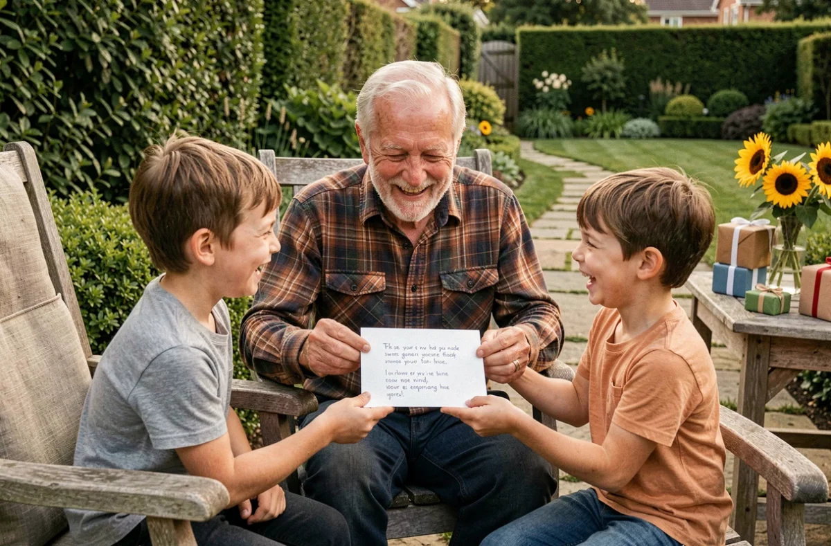 Un grand-père reçoit un poème de ses petits-enfants pour la fête des pères dans un jardin fleuri