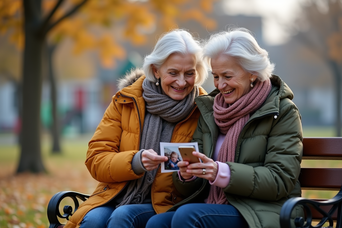 Grand-mère et petite-fille échangeant une photo dans un parc