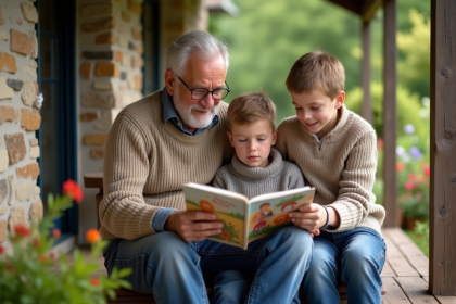 Grand-pere lisant avec ses petits enfants sur la veranda