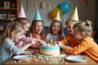 Enfants souriants autour d'un gâteau d'anniversaire coloré