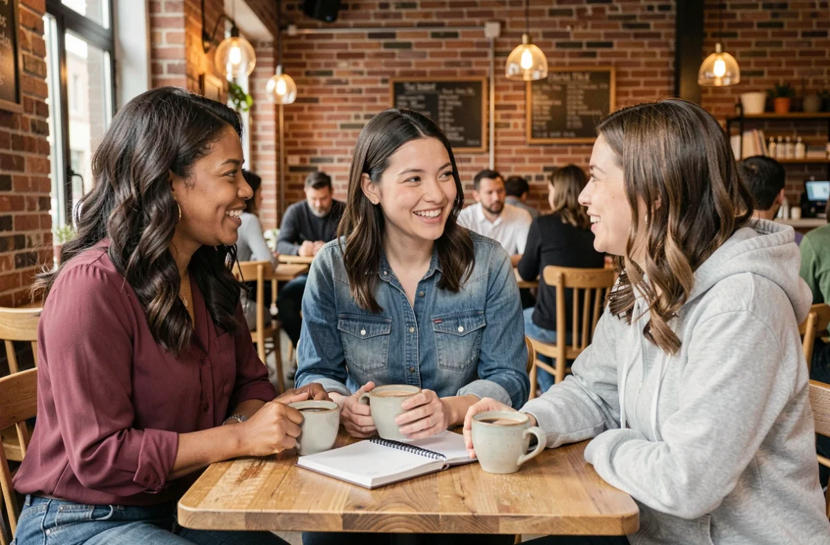 Groupe de mamans solos partageant un moment de soutien mutuel dans un café parisien, représentant la solidarité et l'entraide au sein de la communauté mama-bears