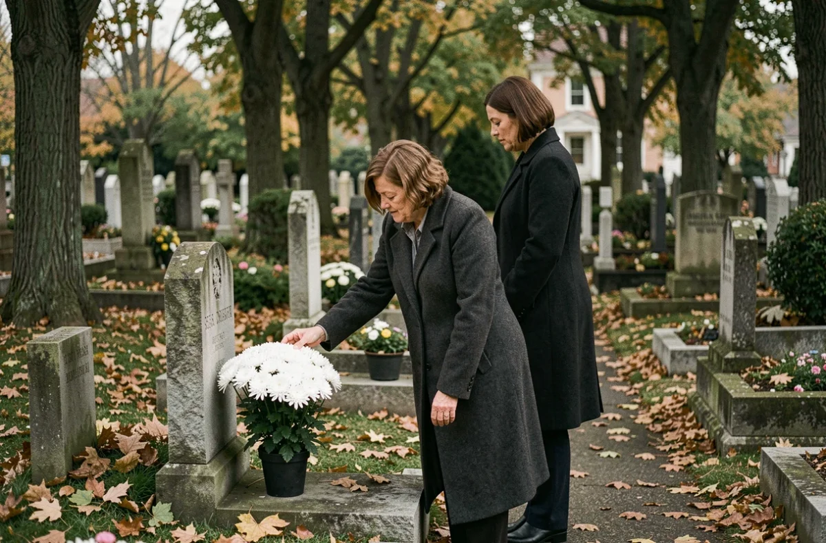 Deux femmes déposant des fleurs blanches sur une tombe en hommage à une cousine disparue dans un cimetière automnal