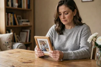 Femme tenant une photo encadrée en hommage à sa cousine décédée, atmosphère de recueillement intimiste
