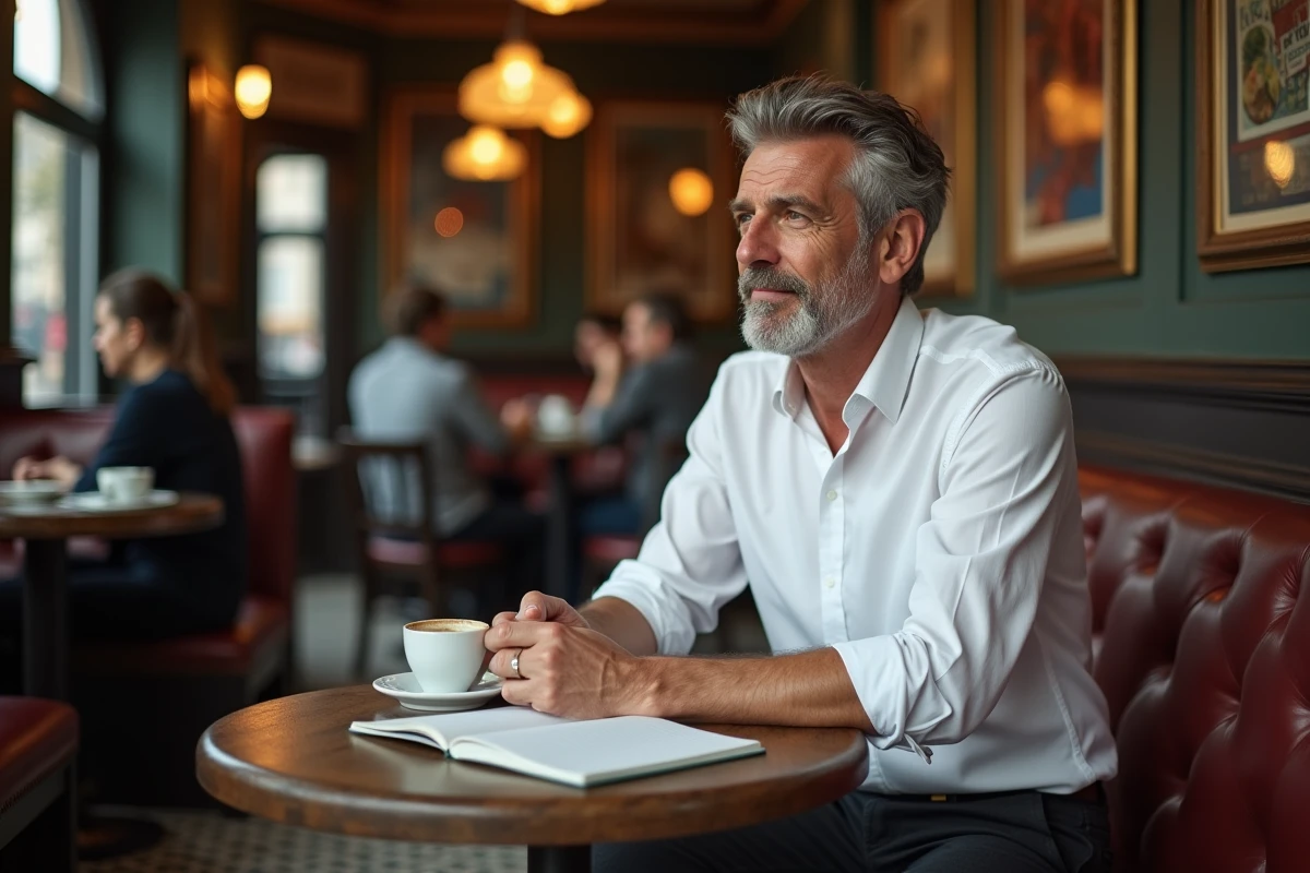 Homme pensif attablé dans une brasserie parisienne traditionnelle avec un carnet et un expresso